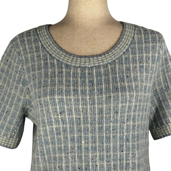 Like new! Talbots Crewneck Sweater - Sequin Plaid in Blue White Silver Sz Medium - Picture 8 of 10